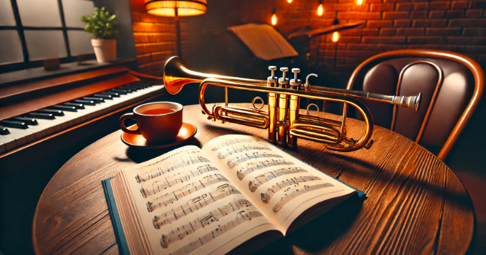 A beautifully lit wooden table featuring a trumpet and an open book displaying different scale patterns, creating a classic jazz ambiance.